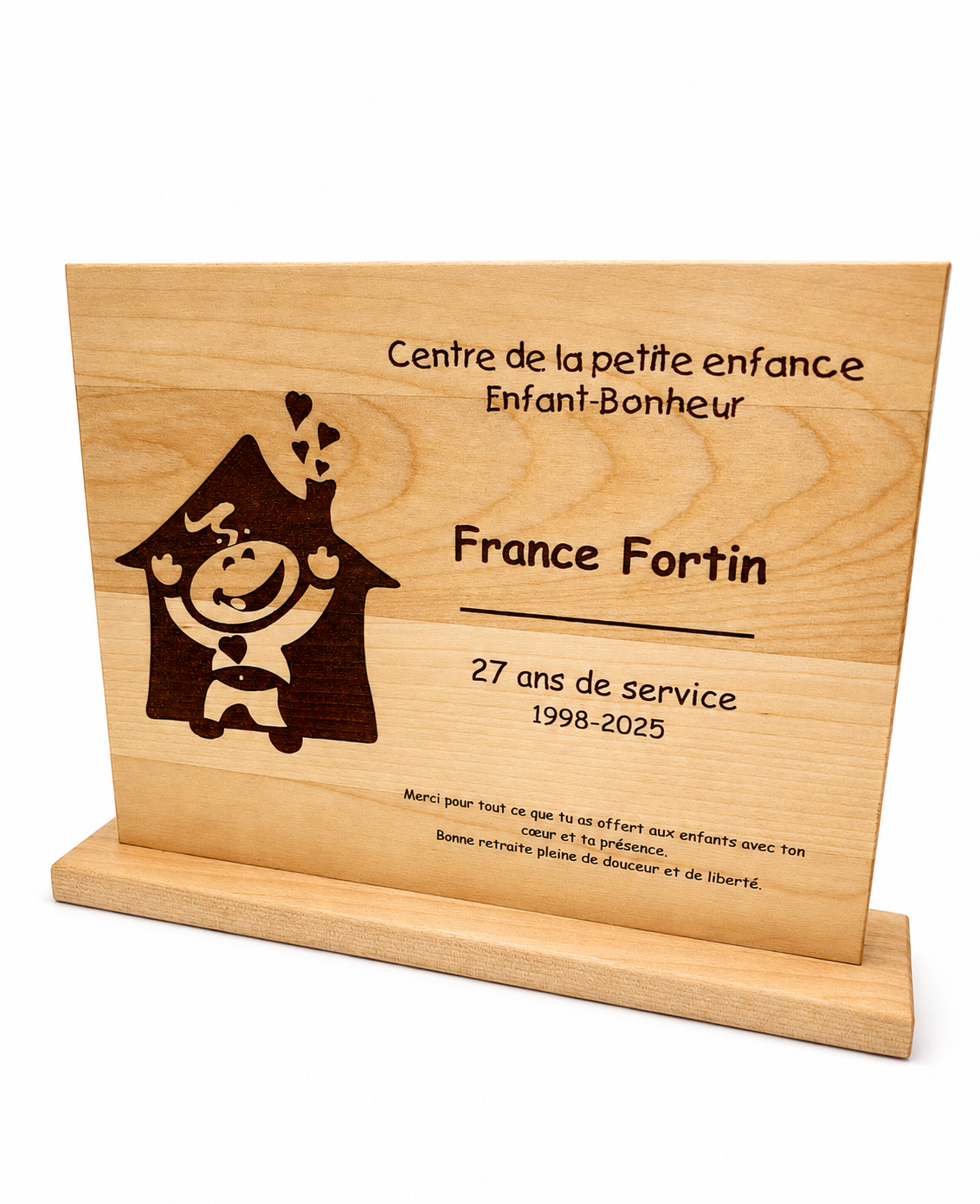 Plaque de reconnaissance en bois personnalisée - CPE Enfant-Bonheur